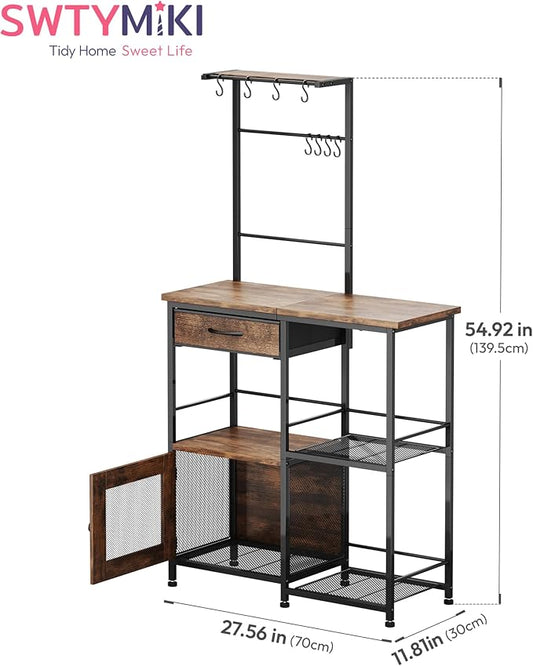 SWTYMIKI Coffee Bar with Hanging Rack - Farmhouse Coffee Stand Station Multi-Purpose Buffet Sideboard Cabinet with Drawers - Kitchen Bar Table for Living Room, Corner, Small Space, Espresso