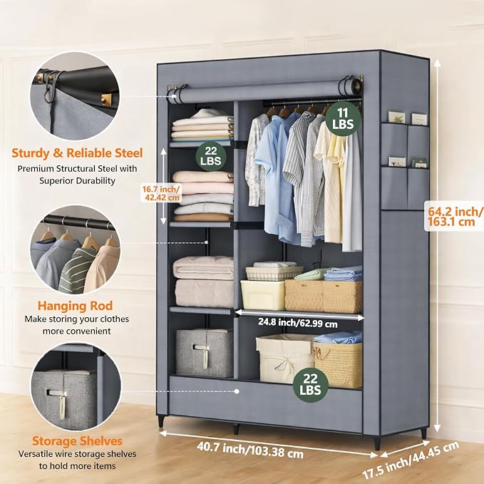 Simple Deluxe Wardrobe with lid, Clothes Rack for Hanging Clothes, 40.7"W x 17.5"D x 64.2"H Garment Rack，Max Load 143LBS，Black Rack with Gray Cover