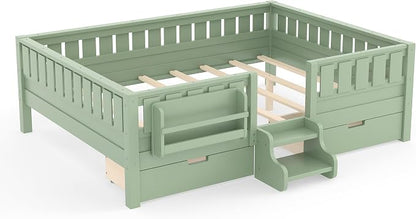 Bellemave Queen Bed with Storage Drawers & Bookshelf, Low Profile Kids Bed Frame with Staircase & Full Length Guardrails, Solid Wood Queen Bed for Kids with Slats Load 550LBS, Easy Assembly, Green