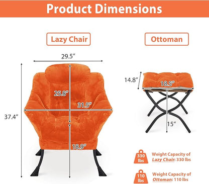 Youtanic Lazy Chair with Folding Ottoman, Accent Chair Plush Upholstered with Metal Structure and Non-Slip Pads, Sofa Armchair with Footrest and Side Storage Bag for Dorm, Room, Office, Orange
