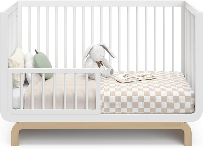 Storkcraft Santorini 5-in-1 Convertible Crib with Toddler Guardrail – GREENGUARD Gold Certified, Conversion Kit Included, 100% Solid Wood, Fits Standard Crib Mattress (White and Driftwood)