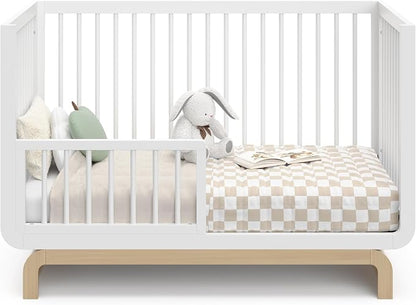 Storkcraft Santorini 5-in-1 Convertible Crib with Toddler Guardrail – GREENGUARD Gold Certified, Conversion Kit Included, 100% Solid Wood, Fits Standard Crib Mattress (White and Driftwood)