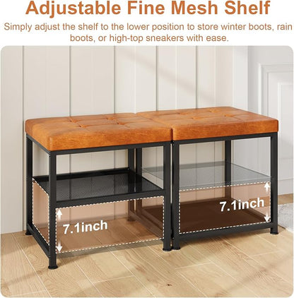 DreamDashio Set of 2 Small Shoe Storage Benches with PU Leather Cushion, 3-Tier Shoe Rack Organizer for Entryway, Metal Mesh Shelves, Holds Up to 300 lbs, Brown (31.5"x11.4"x17.5")