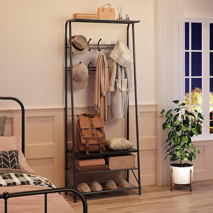 OUTLANE Entryway Hall Tree with 10 Hooks, Shoe Bench & Storage Shelf, Coat Rack Organizer with Wood Accents and Metal Frame for Entryway, Living Room, Bedroom, Black-Double row