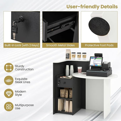 Reception Desk, Retail Checkout Counter w/Lockable Drawer & Open Shelves, Computer Workstation, Small Front Desk Reception Counter for Company Lobby Store Salon Office (White & Black)