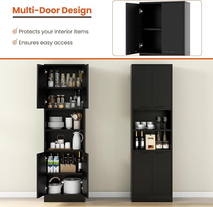 Giantex Kitchen Pantry Cabinet, 75” Tall Freestanding Cupboard with Doors & Shelves, Safety Hinges & Anti-Tipping Devices, Storage Sideboard for Dining Room, Living Room (Black)