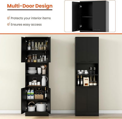 Giantex Kitchen Pantry Cabinet, 75” Tall Freestanding Cupboard with Doors & Shelves, Safety Hinges & Anti-Tipping Devices, Storage Sideboard for Dining Room, Living Room (Black)