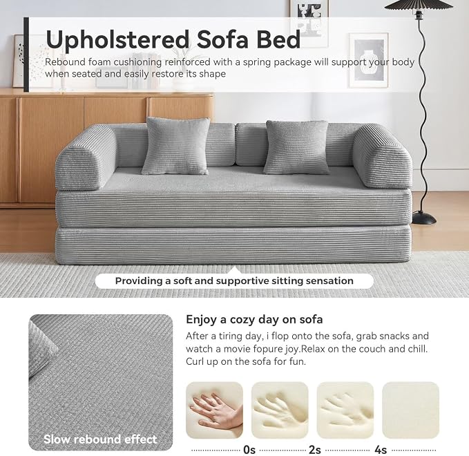 Convertible Sleeper Sofa Bed, Sleeper Sofa with Pillow | Corduroy Fabric | High-Density Sponge | Fixed-Shape Frame, Modular Sofa Bed for Living Room Lounge Studio (Light Grey)
