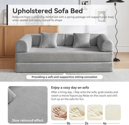 Convertible Sleeper Sofa Bed, Sleeper Sofa with Pillow | Corduroy Fabric | High-Density Sponge | Fixed-Shape Frame, Modular Sofa Bed for Living Room Lounge Studio (Light Grey)