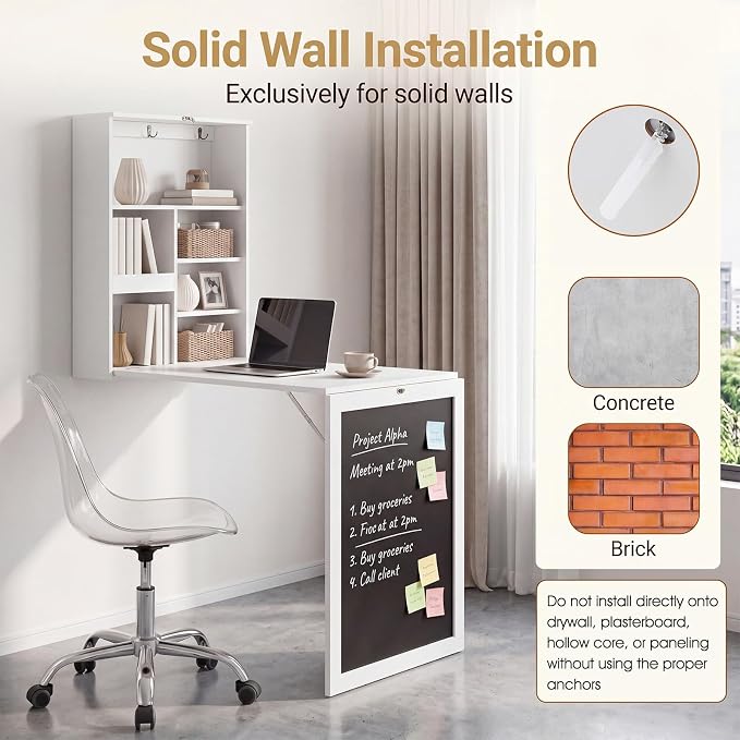 Tangkula Foldable Wall-Mounted Desk, Floating Desk with Chalkboard, Storage Shelves & Hooks, Space-Saving Murphy Table for Home Office, Bedroom, Dorm Room, Small Spaces
