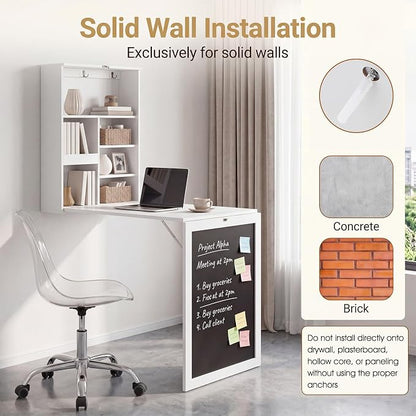 Tangkula Foldable Wall-Mounted Desk, Floating Desk with Chalkboard, Storage Shelves & Hooks, Space-Saving Murphy Table for Home Office, Bedroom, Dorm Room, Small Spaces