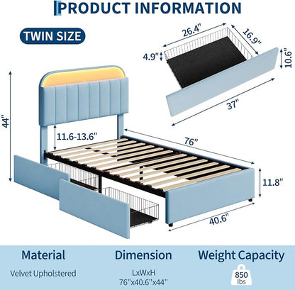 Garvee Twin Size Bed Frame with 2 Flexible Drawers, Velvet Upholstered Platform Bed Frame with Bookcase Headboard and LED Lights, Kids Bed for Boys, Easy Assembly, Noise Free, Blue