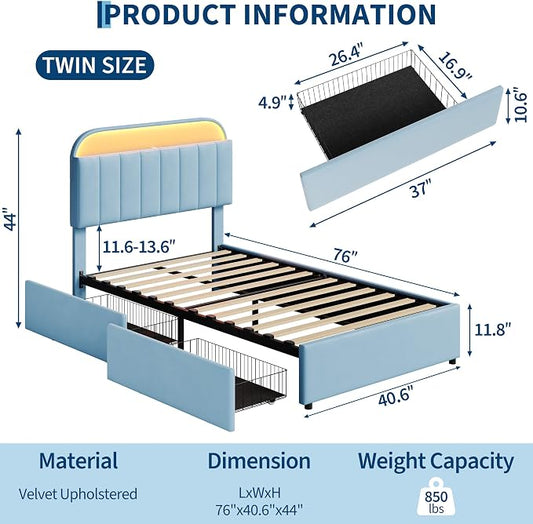 Garvee Twin Size Bed Frame with 2 Flexible Drawers, Velvet Upholstered Platform Bed Frame with Bookcase Headboard and LED Lights, Kids Bed for Boys, Easy Assembly, Noise Free, Blue