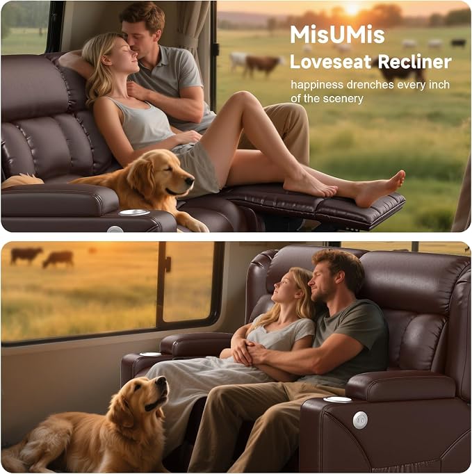 Loveseat Recliner Sofa, Wall Hugger RV Reclining Loveseat RV Couch with USB Ports, Large Pockets, Cup Holders, 150° Adjustable RV Recliners Furniture for Travel Trailers & Home Theater Seating