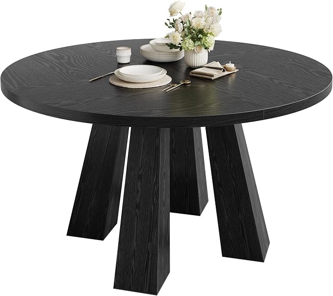 IDEALHOUSE 47" Round Dining Table for 4-6, Wood Kitchen Table with Sturdy Base, Farmhouse Circle Dinner Table for Dining Room, Living Room, 4 Strong Legs, Black