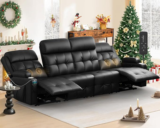 Reclining Couch, 113" PU Leather Sofa Recliner with Massage - 4 Seat Home Theater Seating Comfy Soft, Manual Wall Hugger Reclining with Lumbar Support Sofa Set for Family Living Room, Black