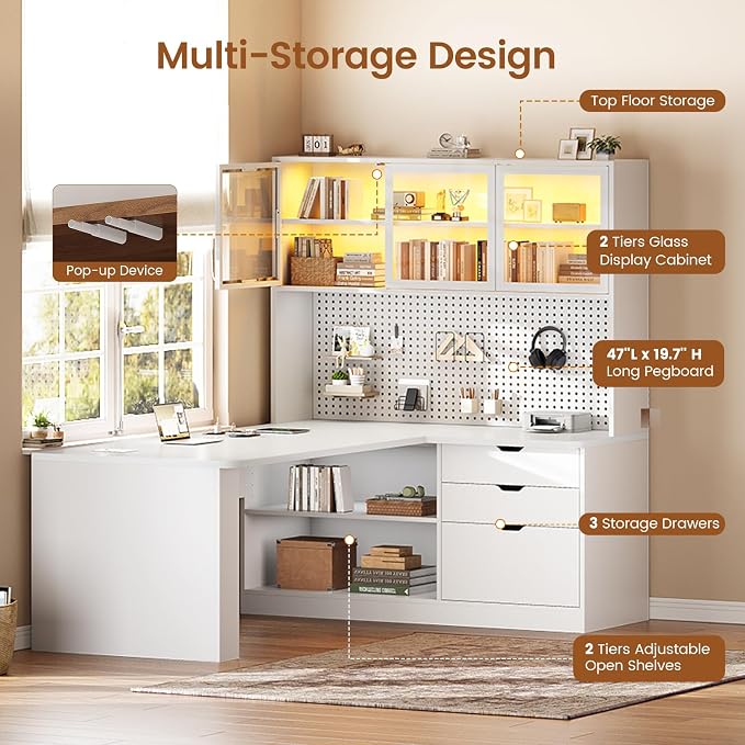 SEDETA L Shaped Computer Desk, L Shaped Corner Gaming Desk with 3 Wood Drawer and Large Bookshelf, Home Office Desk with LED Light, Display Cabinet and Pegboard, 27.5" W Large Desktop Table, White