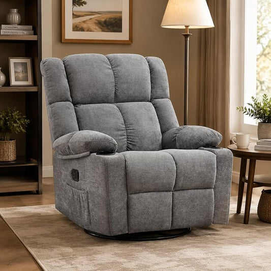 Swivel Rocker Recliner,Rocking Reclining Chair with Adjustable Headrest for Adults,Upholstered Fabric Swivel Recliner Chair for Bedroom,Living Room,Grey