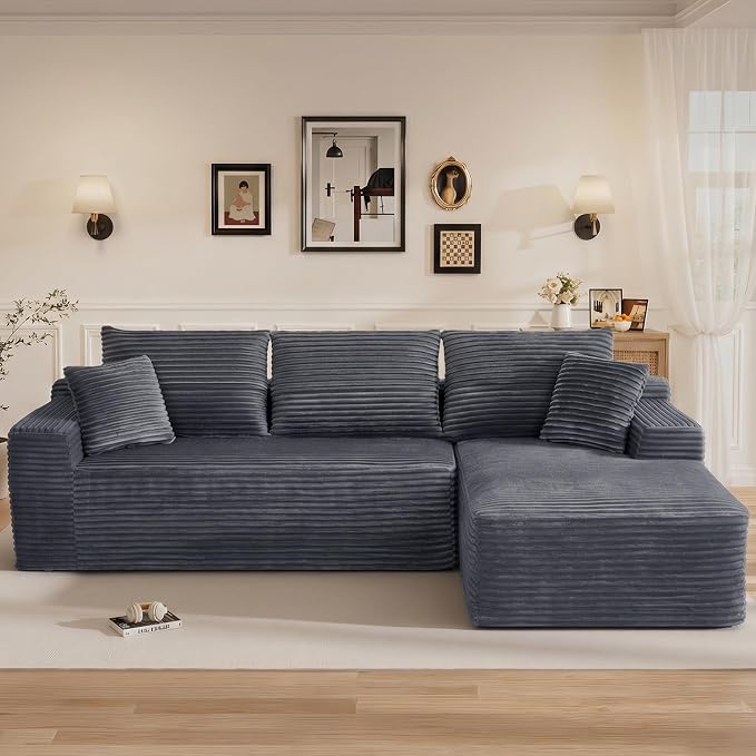 108" L Shaped Cloud Boneless Sectional Couches for Living Room, Modern Comfy Modular Deep Seat Memory Foam Compressed Corduroy Sofa Oversized Right Facing Chaise, No Assembly Required, Grey