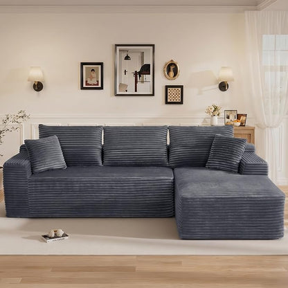108" L Shaped Cloud Boneless Sectional Couches for Living Room, Modern Comfy Modular Deep Seat Memory Foam Compressed Corduroy Sofa Oversized Right Facing Chaise, No Assembly Required, Grey