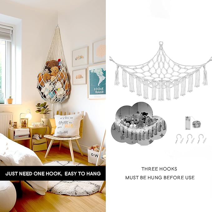 Amdermi Stuffed Animal Storage Organizers Toy Hammock Corner Hanging Net Stuffy Animal Hammock Macrame Toy Display Plush Toy Holder Wall, Kid Bedroom Decor Boho Nursery Playroom Organizer (Cream XL)