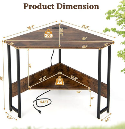 COSTWAY Corner Computer Desk, with USB Ports & Power Outlet, Storage Shelf for Small Space, Triangle Steel Frame Corner Desk for Home Office, Workstation (Rustic Brown)