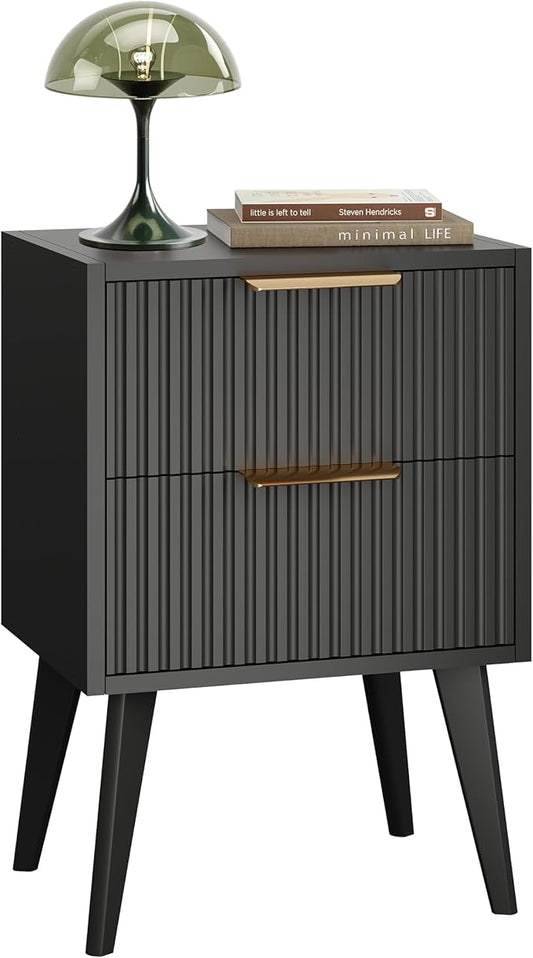 YAUKOMEL Black Nightstand,Mid Century Modern Bedside Table, Fluted Nightstand with 2 Drawers,Side Table with Wood Legs, End Table for Bedroom,Apartment,Dormitory,Small Space Black CTG55BK