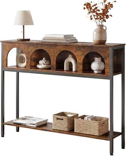 HOOBRO Narrow Console Table, Entryway Table with 3-Tier Storage, Sofa Table, Behind Couch Table with Arched Design for Living Room, Entrance, Hallway, Rustic Brown and Black BF106XG01