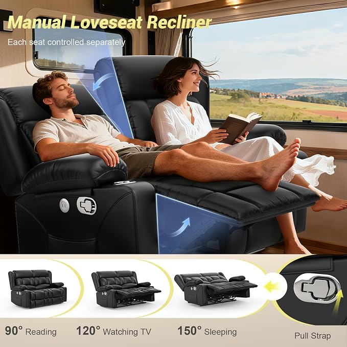RV Loveseat Recliner Sofa, Reclining Loveseat Wall Hugger Recliners with USB Ports, Cup Holders, Insert Pockets, Home Theater Seating for Movie Room, Recline Movie Seats Gaming Sofa, Black