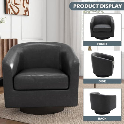 PU Leather Swivel Accent Chairs, Modern Upholstered Barrel Club Chair for Living Room, Round Armchair Single Sofa Bedroom Side Reading Seat - Charcoal Black, Set of 2