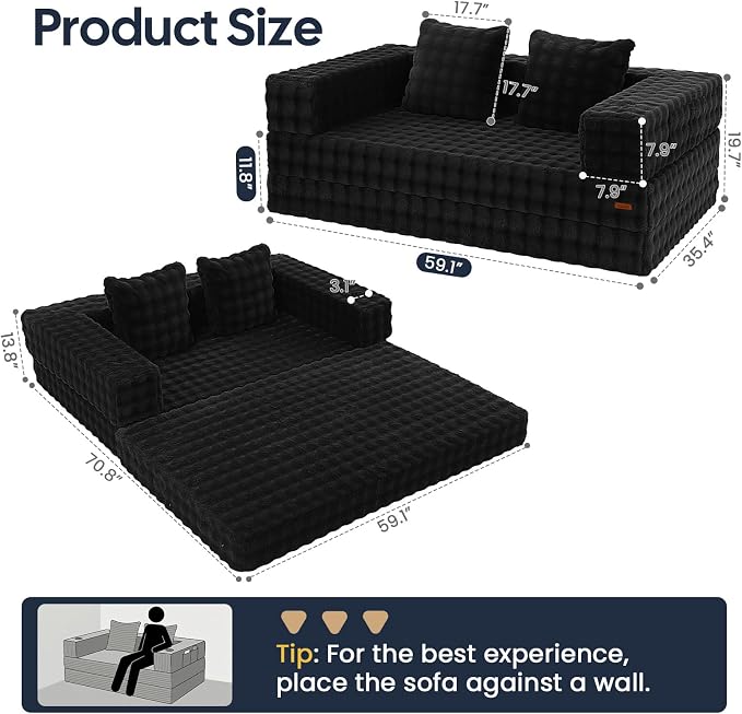 COMAX Futon Sofa Bed, Convertible Sofa Bed, Folding Boneless Couches | Boneless Couch for living room, Fold Out Small Foldable Loveseat Floor Sleeper Mattress Lounge Space‑Saving, Dark Black