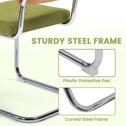 KROFEM Dining Chairs Set of 2,Modern Rattan Kitchen Chairs,Green | Mid Century Modern Design,Polished Chrome Frame,Upholstered Seat