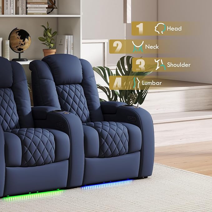 Weilianda Home Theater Seating Top Grain Leather Zero Gravity Recliner Chair Power Headrest Recline Movie Seat Gaming 7 Colors Mood Light Sofa with Tray Table USB Charge Row of 3 Blue