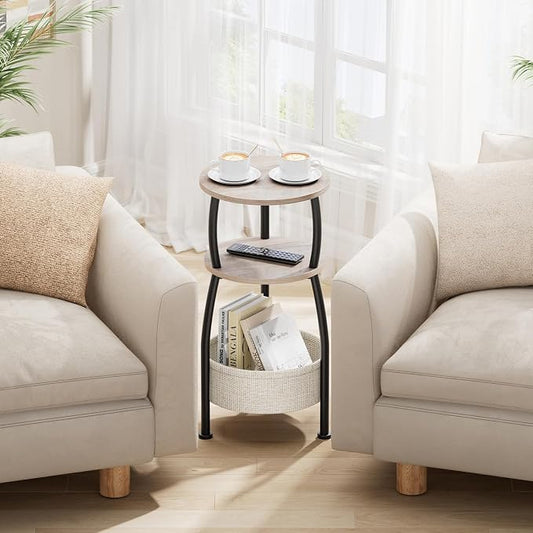 Round Side Table with Storage Basket –Small Space Saving End Table 3-Tier Coffee Table Bedside Corner Stand for Living Room, Bedroom, Garden and More 24in Tall Greige