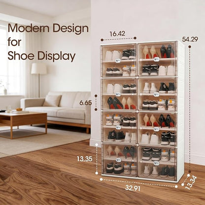 32 Pairs Shoes Storage Cabinet of 3-Step Fast Installation,Plastic Shoe Rack with Clear Magnetic Door for Display, Shoe Organizer for Sneaker, Sandals, Heels (2 Row, 8 Tier)