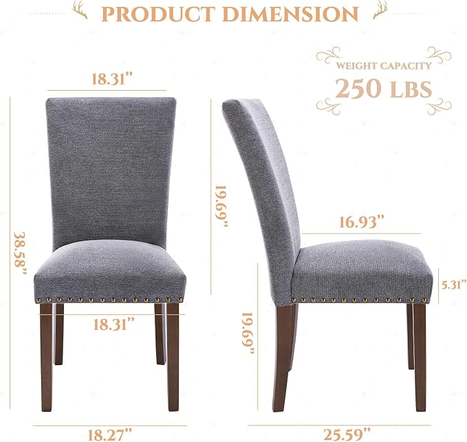Parsons Dining Chairs Set of 2, Upholstered Nailhead Dining Room Kitchen Side Chair with Thick Cushions and Wood Legs, Dark Grey