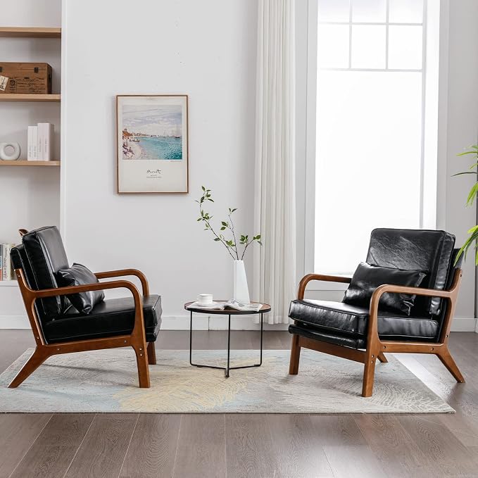 Mid Century Modern Accent Chairs Set of 2 Living Room- Comfy Wood Arm Chair with Lumber Pillow Lounge Decorative Black Faux Leather Office Side Chair for Bedroom Reading Waiting Room Easy Assembly