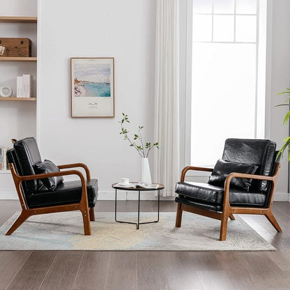 Mid Century Modern Accent Chairs Set of 2 Living Room- Comfy Wood Arm Chair with Lumber Pillow Lounge Decorative Black Faux Leather Office Side Chair for Bedroom Reading Waiting Room Easy Assembly