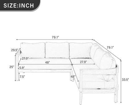 VilroCaz Outdoor Patio Furniture Set, L-Shaped Acacia Wood Sectional Sofa with 6 Soft Seat Cushions and Backpack, All-Weather Conversation Set with Arc Frame for Garden Backyard Porch (Blue-3.19)