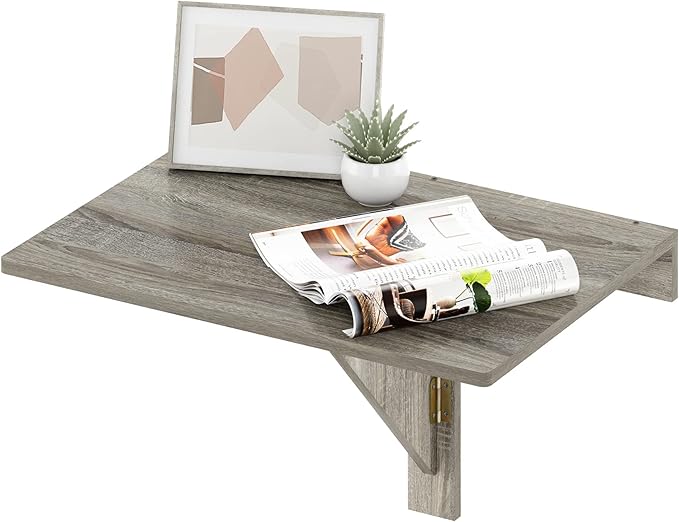 Furinno Hermite Grey Folding Table, Wall Mount Floating Table, 23.6 x 30.4 x 17.3, Easy Assembly, for Living Room, Office, Bedroom, Apartment, Grey Oak