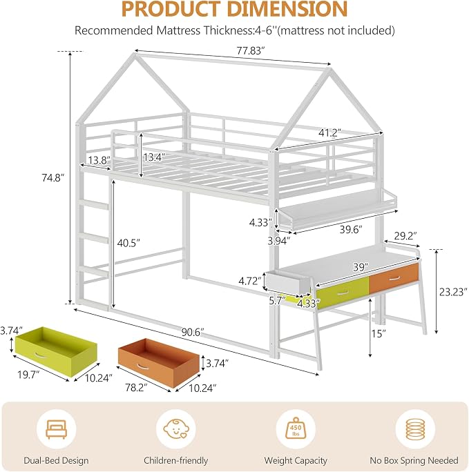 DICTAC Twin Over Twin Low Bunk Bed with Desk and Drawers, White | Metal House Shaped Low Bunk Bed, 2 Storage Drawers, Bookshelf and Side Pocket, Floor Bunk Bed with 13.4''H Safety Guardrail