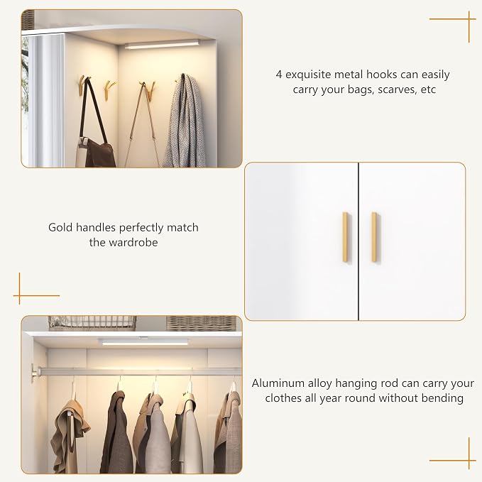 XVD Armoire Wardrobe Closet with Mirror & Sensor Light, Bedroom Armoire with 5 Doors & 2 Drawers, Modern Wooden Large Wardrobe Closet with Shelves, 4 Metal Hooks, 2 Hanging Roods, Open Space, White