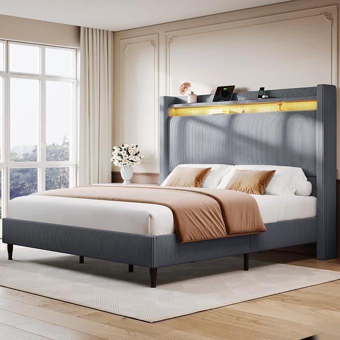 King Bed Frame with 55.3" Tall Headboard, Corduroy Upholstered Platform Bed with LED Lights & Charging Station, Wingback Storage Headboard, Solid Wood Slats,Noise Free,No Box Spring Needed,Dark Grey