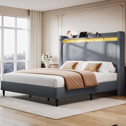 Queen Bed Frame with Tall Headboard, 55.3" Upholstered Platform Bed with LED Lights & Charging Station, Elegant Corduroy Bedframe, 2-tier Storage Wingback Headboard, No Box Spring Needed, Dark Grey