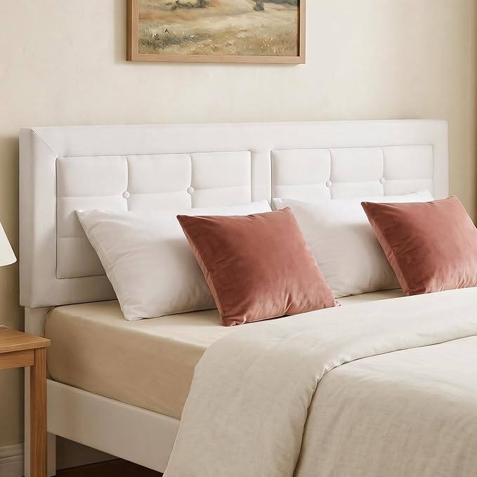 VECELO Full Size Bed Frame, Adjustable Upholstered Button Tufted Headboard, Heavy-Duty Bedframe with Wood Slats Support, No Box Spring Needed, Linen & White