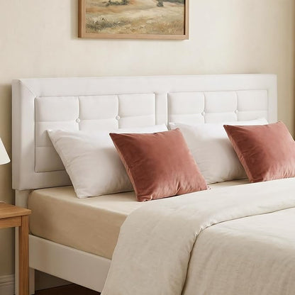 VECELO Full Size Bed Frame, Adjustable Upholstered Button Tufted Headboard, Heavy-Duty Bedframe with Wood Slats Support, No Box Spring Needed, Linen & White