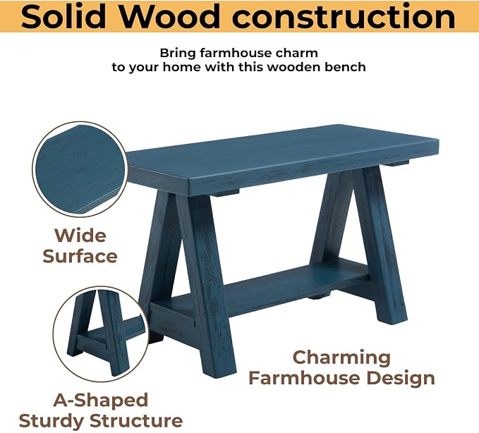 Farmhouse Wood Bench, Rustic Indoor Storage Bench Solid Wood Entryway Bench with Shoe Storage 2-Tier Narrow Bench Seat Indoor for Entryway, Living Room, Dining Room, Hallway, Blue