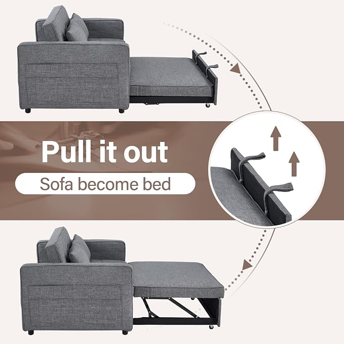 HAOMARKETS 3 in 1 Convertible Sleeper Sofa Bed, Loveseat Chaise Lounge with Pullout Bed, 2-Seater Futon Couches with Storage Pockets, 3-Level Adjustable Backrest and Pillows for Living Room, Dark Grey