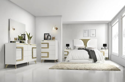 Kings Brand Furniture Claire 6-Piece Queen Size Bedroom Set - Bed with LED Headboard, Dresser, Mirror, Chest and 2 Nightstands, White/Gold