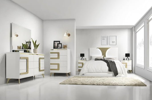 Kings Brand Furniture Claire 6-Piece Queen Size Bedroom Set - Bed with LED Headboard, Dresser, Mirror, Chest and 2 Nightstands, White/Gold